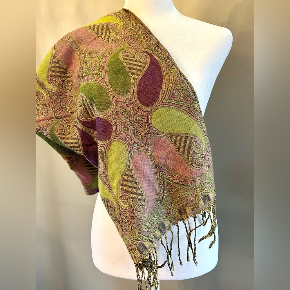 Pashmina Scarf Wrap Purple Green with Fringe